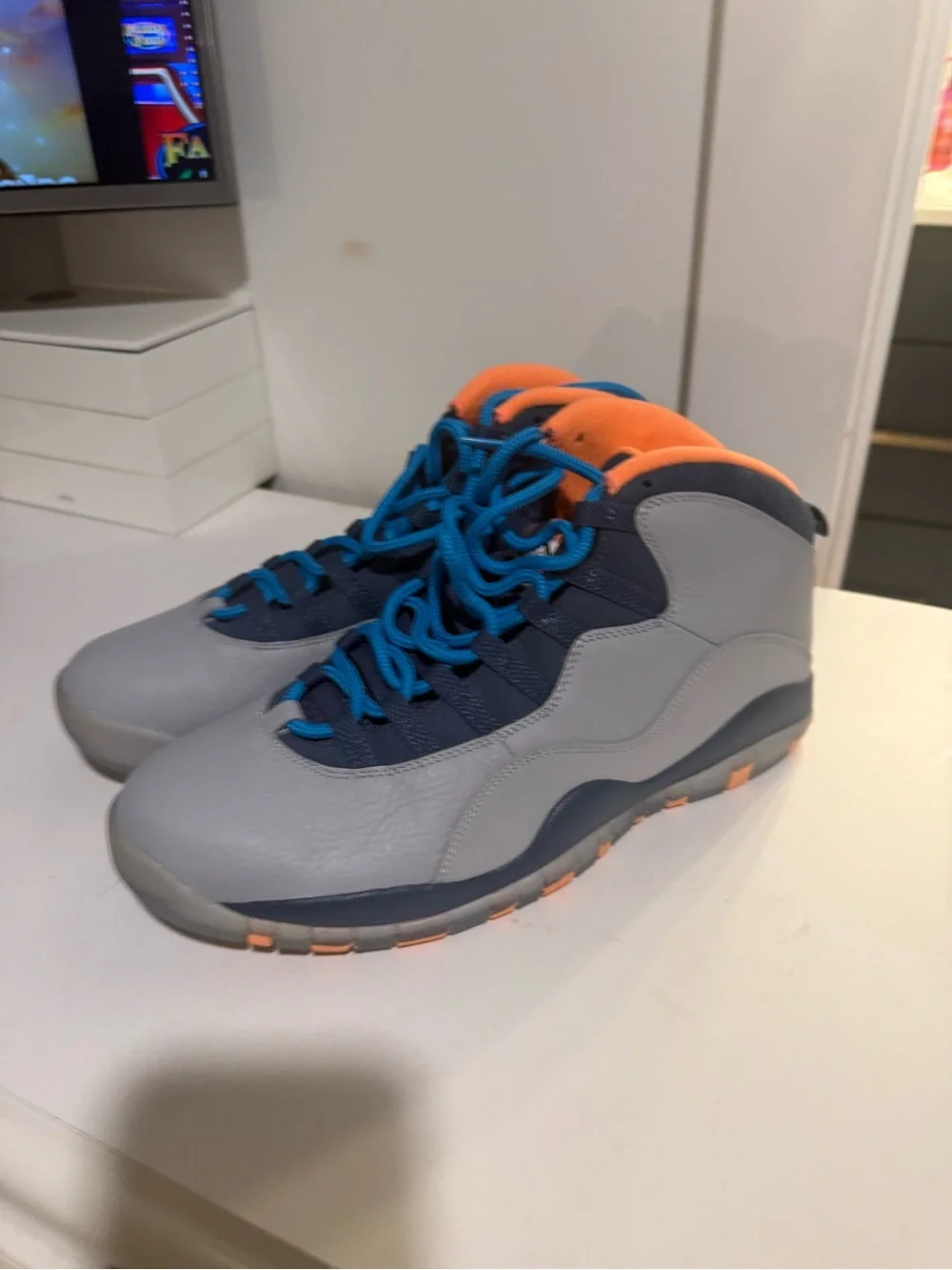 Jordan Men's Gray Sneakers with Blue Laces and Orange Collar